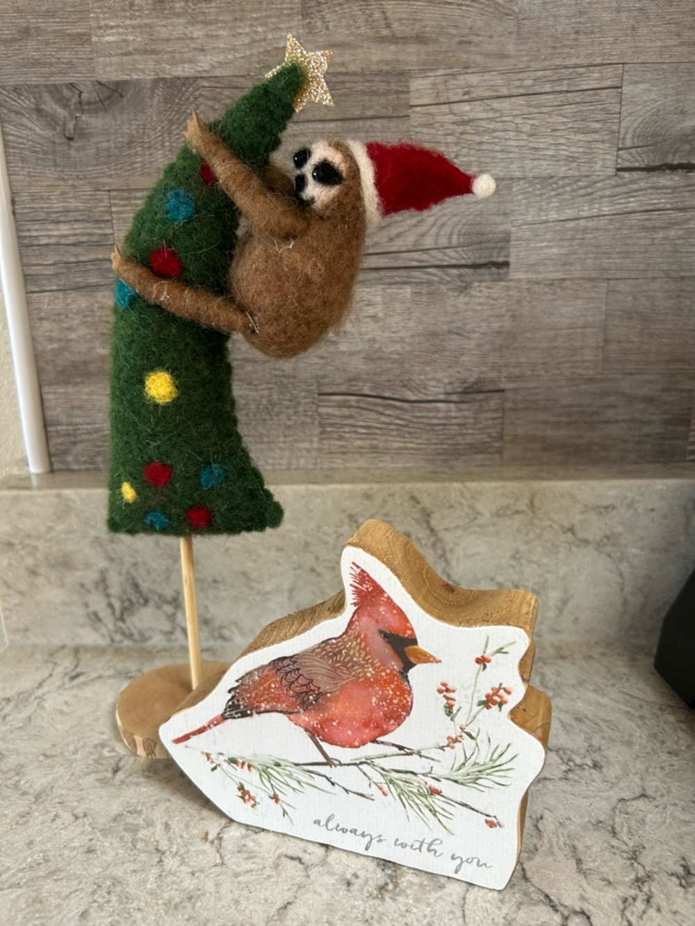 Holiday Felt Sloth on Tree Ornament - Red & Green. And block Cardinal sign